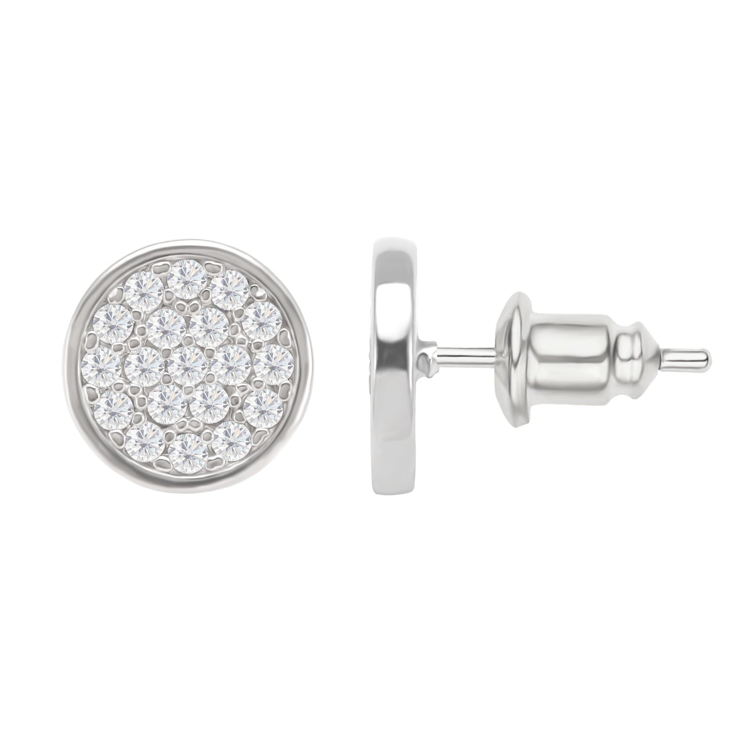 Silver round earring with clear gemstones on a white background