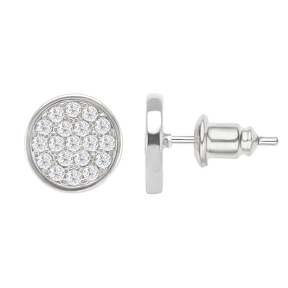 Silver round earring with clear gemstones on a white background